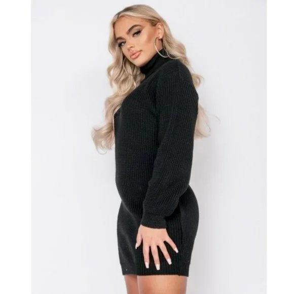 Black Knitted Long Sleeve Turtle Neck Loose Fit Mini Sweater Dress - Picture 3 of 9